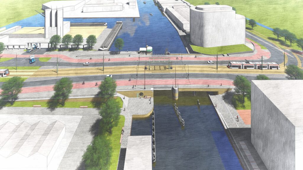 Een tekening van de tramlijn over de brug