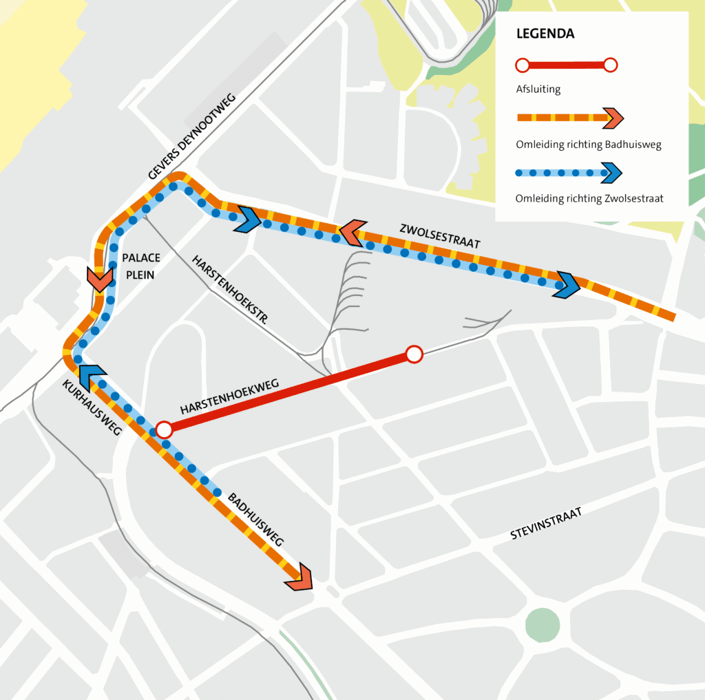 Op deze kaart zijn bovenstaande omleidingsroutes op de kaart te zien.