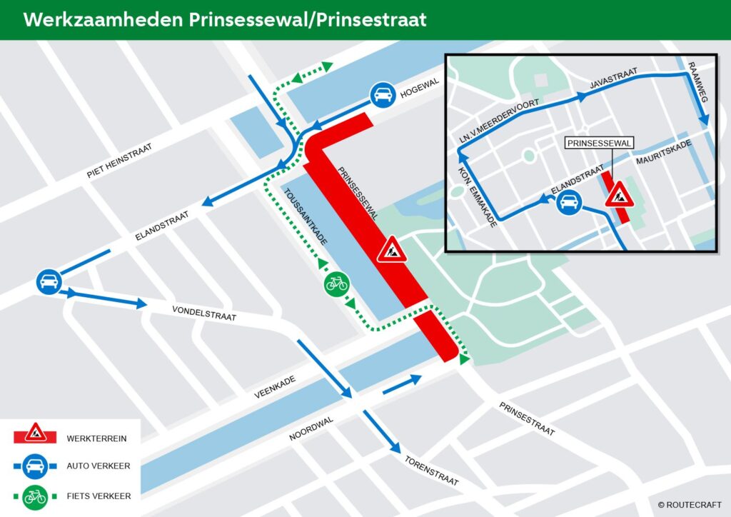 Op deze kaart zijn de omleidingen voor de auto en de fiets ingetekend.