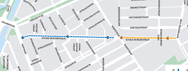 Kaart van de Schalk Burgerstraat met daarop aangegeven welk gedeelte eenrichtingsverkeer wordt.
