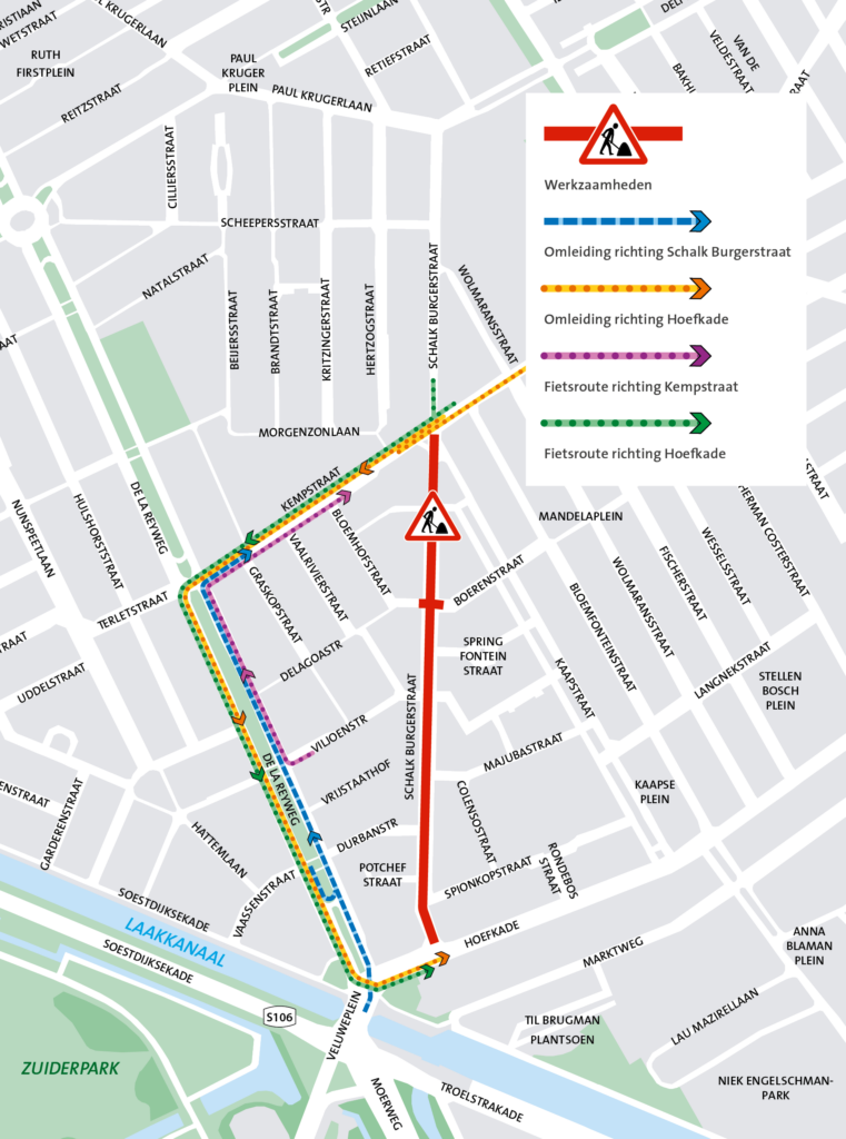 Kaart van de Schalk Burgerstraat met daarop de werkzaamheden en omleidingen. 