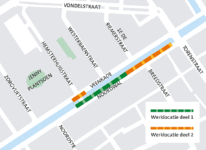 Kaart met daarop de straten in de omgeving van de Noordwal. Op de kaart staan de werklocatie deel 1 en deel 2 aangegeven.