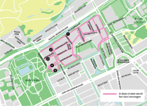 Kaart van Bohemen-Noord. De gemeente vervangt de riolering op de roze gekleurde straten.