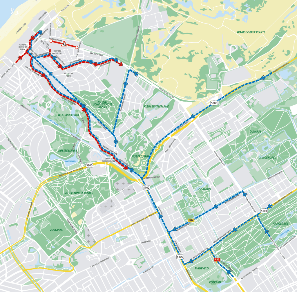 Kaart met daarop de omgeving van Scheveningen en de wegen. Op de kaart worden de omleidingen weergegeven die gelden tijdens de werkzaamheden aan de Zwolsestraat.