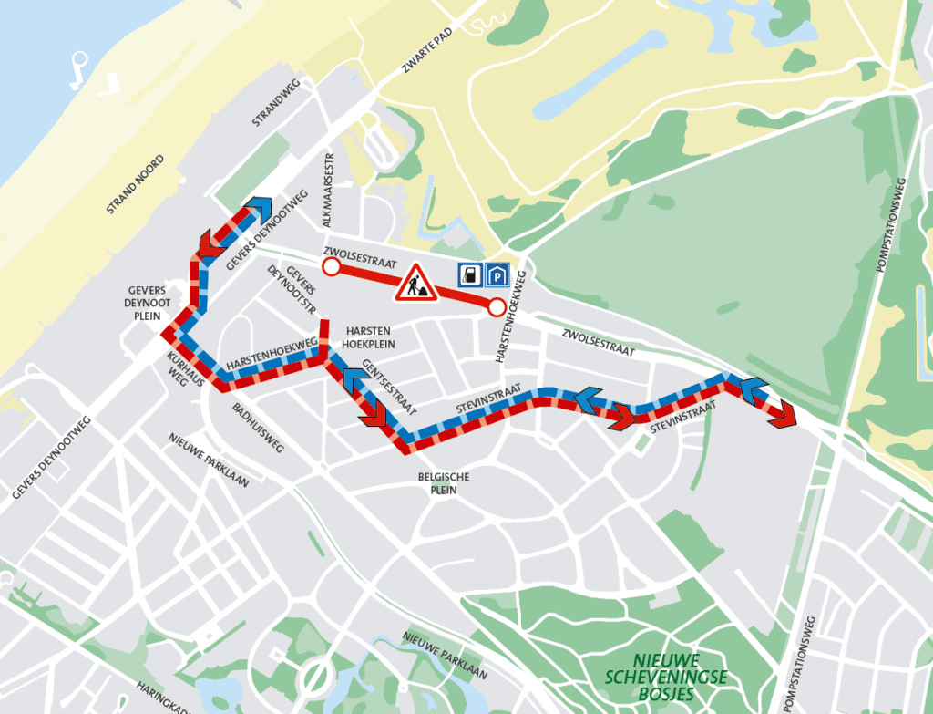 Kaart met daarop de Zwolsestraat en de omleidingen die tijdens de uitvoer van de werkzaamheden gelden.