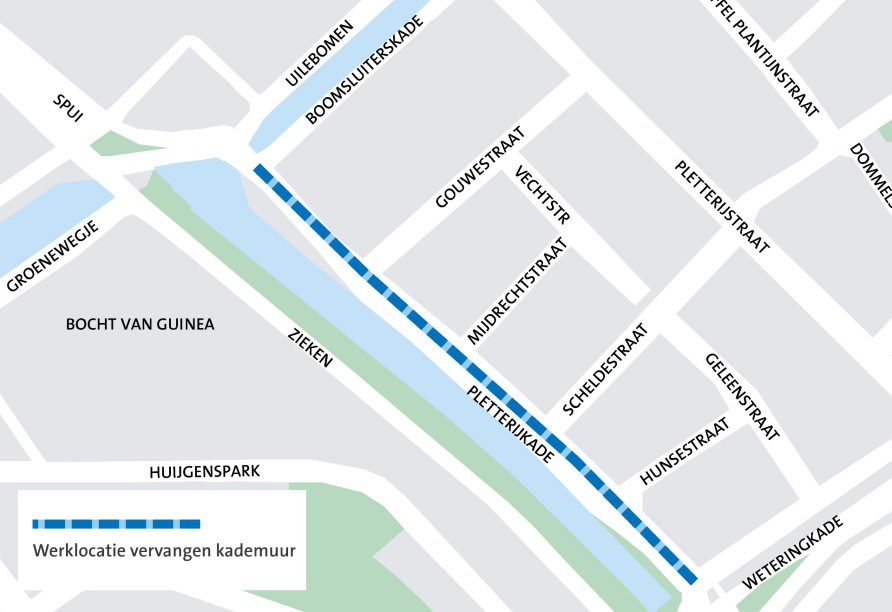 Kaart met daarop de Pletterijkade. Met een blauwe lijn wordt het werkgebied aangegeven.