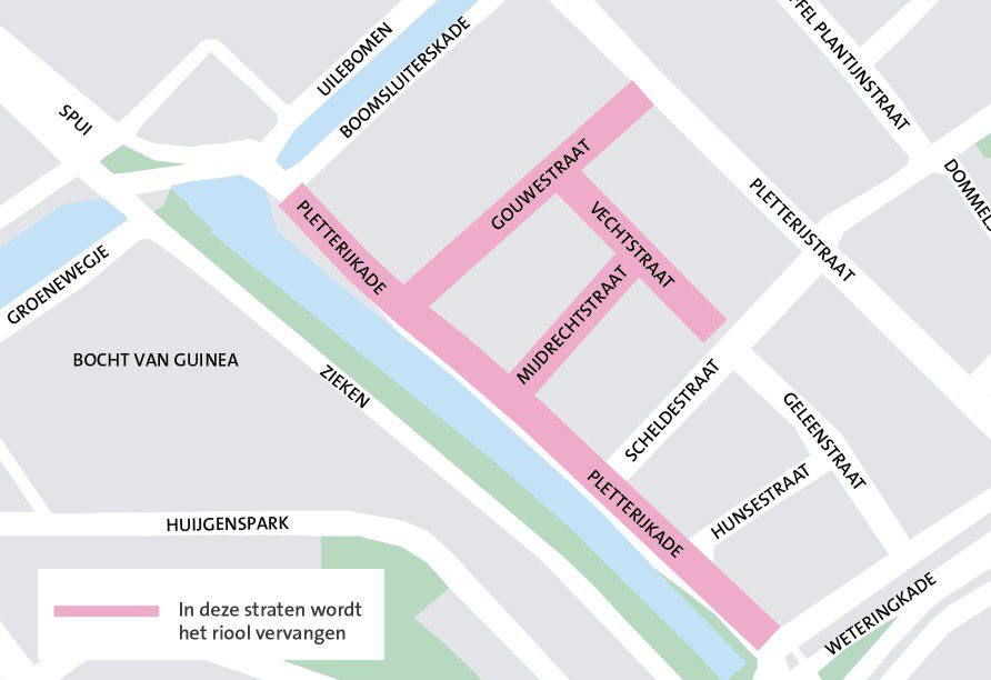 Kaart met daarop de Pletterijkade en omgeving. In de straten Pletterijkade, Gouwestraat, Vechtstraat en Mijdrechtstraat wordt het riool vervangen.