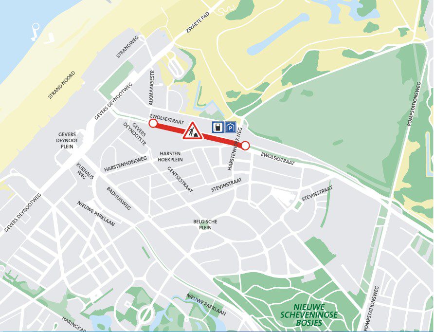 Kaart waarop de Zwolsestraat en omgeving wordt weergegeven. Op de kaart is met een rode lijn aangegeven waar de werkzaamheden plaatsvinden.