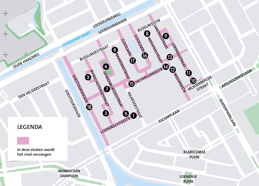 Wegenkaart met daarop Rustenburg Noord. De straten waar het riool wordt vervangen zijn roze gekleurd.