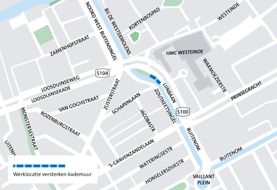 Kaart met daarop de Lijnbaan en twee blauwe rechthoeken met de locatie waar de kademuur wordt versterkt.