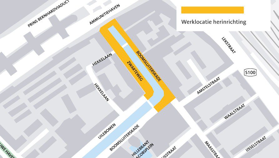 Kaart met daarop de Boomsluiterskade en de Zwarteweg. Met oranje wordt aangegeven welk gedeelte van de weg wordt herinricht.